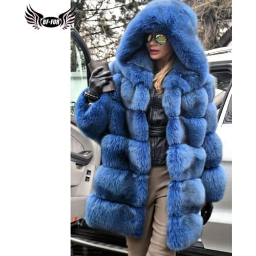 2021 Winter Fashion Hooded Blue Fox Fur Coat Thick Warm Natural Fox Fur Jacket For Women Outwear 80cm Long Pelt Fur Coats Luxury