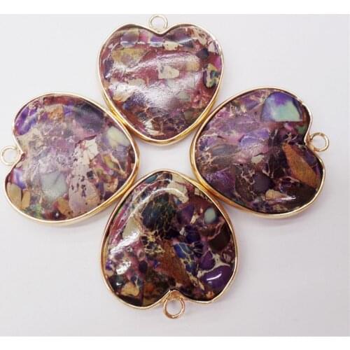 4Pcs 31x26x6mm Alloy Serging Purple And Brown Sea Sediment Jasper Love Heart Pendant Beads DIY Jewelry Making Accessories M453