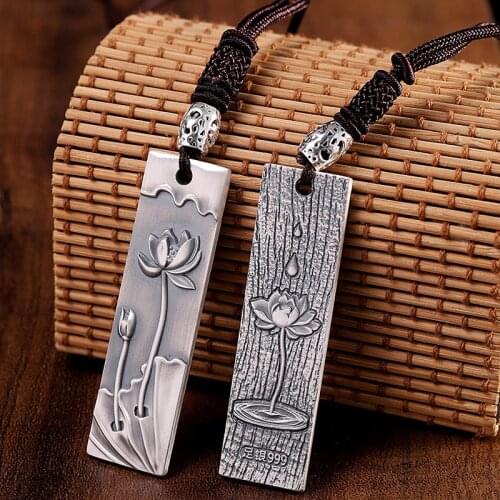 999 Silver Summer Coming Blooming Lotus Pendants Rope Necklaces for Women Elegant Ethnic Rectangle Square Medal Jewelry Gifts