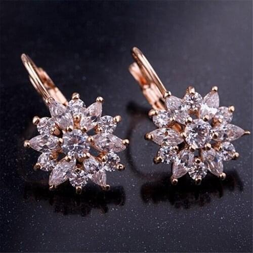 Fashion Rose Gold Color Hoop Earrings Flower Cluster Clear Crystal Zirconia Earring For Women Jewelry Brincos