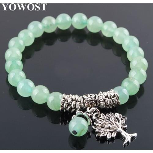 8mm Natural Aventurine Stone Strand Bracelet Beaded Beads Tree Of Life Charms Female Jewelry Drop Shipping Wholesale QK3216