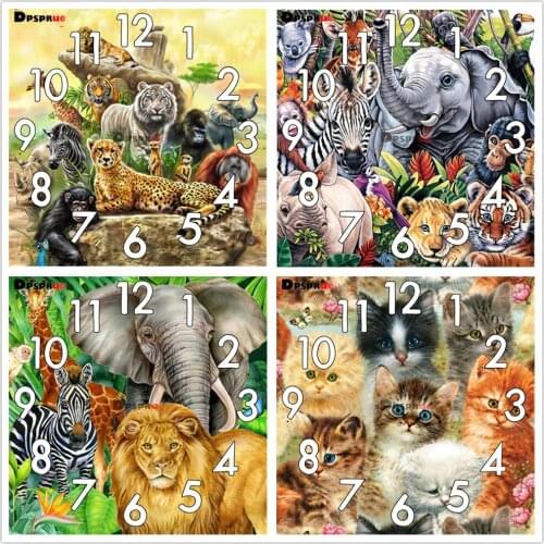 Dpsprue Full Diamond Painting Cross Stitch With Clock Mechanism Mosaic 5D Diy Square Round Animals 3d Embroidery Gift HG1508