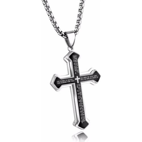 FATE LOVE the Lords Prayer 6.5cm Black Male Men Cross Pendant Christian Necklace Stainless Steel Chain Fashion Mens Jewelry
