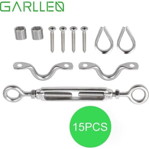 GARLLEN 15 pcs Eye Eye Open Turnbuckle & Saddle Stainless Steel Wire Rope DIY Balustrade Kit For Indoor and Outdoor Using