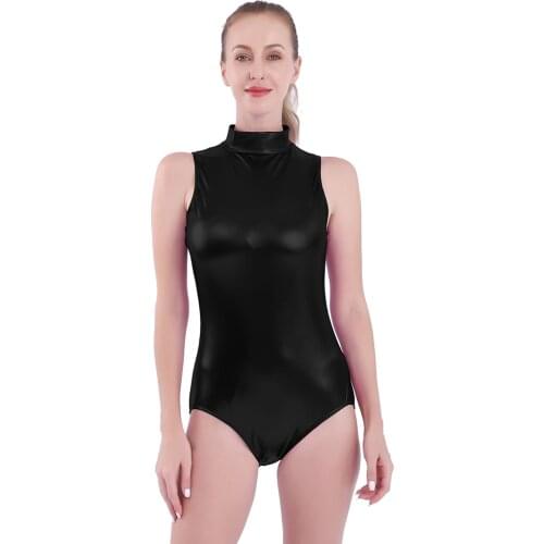 AOYLISEY Women Sleeveless Ballet Dance Leotards Shiny Metallic Gymnastics Leotard Black Bodysuits Skinny Stage Dance Costumes