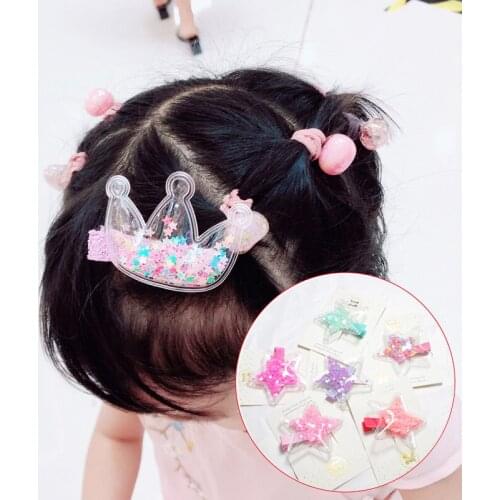 Fashion Crown Star Cute Hairpin For Kids Girls Transparent Quicksand Sequins Hair Clips Children Hair Accessories
