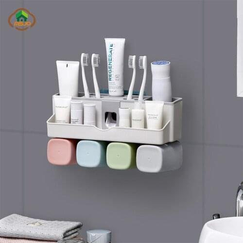 MSJO Toothpaste Dispenser And Tooth Brush Holder Bathroom Accessories Storage Makeup Organizer Cup Rack Creative Home Decor