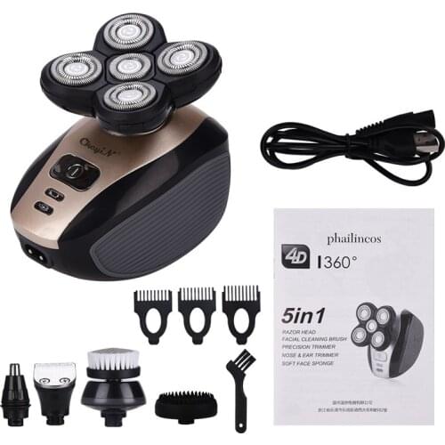 Mens Electric Shaver 5 Floating Heads Razor Waterproof Nose Beard Hair Trimmer Bald Clipper Rechargeable Facial Cleansing Brush