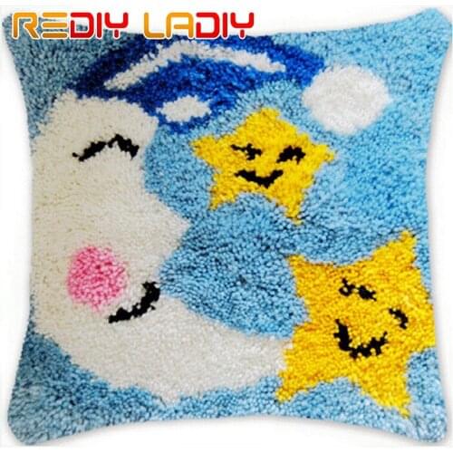 Latch Hook Cushion Kits Moon & Star Pillow Case Crochet Hobby & Crafts DIY Yarn for Embroidery Cushion Cover Sofa Bed Pillows