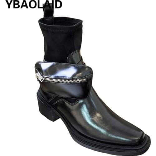 New Autumn and Winter New Square Toe Dark Black Thick-heeled Martin Boots Handsome Zipper Bag Elastic Tube Chelsea Boots