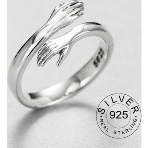 Resizable 925 Sterling Silver Gold Ring Trendy Fine Jewelry Open Loop Adjustable Antique Rings Hands Hug Shaped for Women Gift