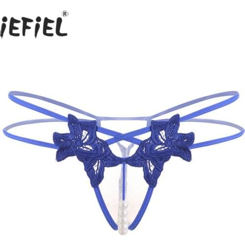 Men Pearls Crotchless G-string Briefs Low Rise Embroidered T-back Panties Elastic Waistband Open Butt Erotic Thongs Underwear
