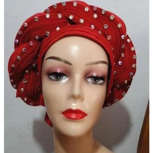 Beautiful african headtie ready wear auto gele african head wraps for women turban femme nigerian aso oke sewing fabric1set