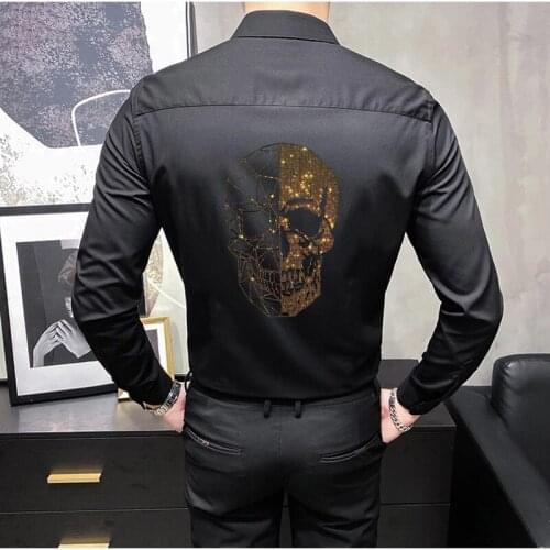Spring 2021 Shirt For Men Formal Wear Stand Collar Long Sleeve Rhinestone Style Nightclub Casual Slim Homme Tops Plus Size 4XL