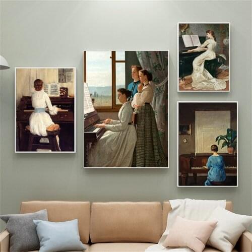 Vintage Oil Art Painting Play The Piano Art Prints Beauty Girls Canvas Painting Music Room Decoration Modern Pictures Home Decor