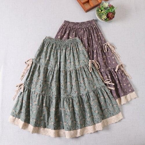 Japanese Mori Girl Literary Floral Skirt Age-Reducing All-Match Splicing Cake Skirt Autumn Winter New Printed A-Line Skirt