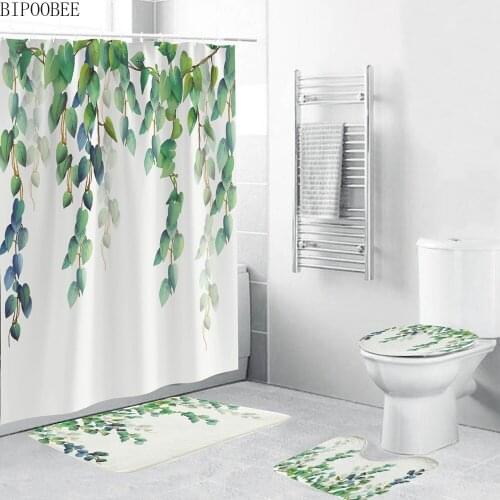 Green Leaves White Shower Curtain Bathroom Curtains Washroom Decoration Plants Printed Anti-slip Rugs Toilet Cover Bath Mat
