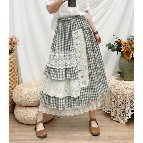 Japan Style Sweet Lace Cotton and linen Plaid Skirt Mori Girl Literary Loose A-line Women Skirt Autumn