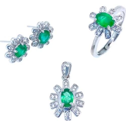Natural green emerald ring Pendant Earrings Natural Gemstone Jewelry Set S925 Silver Sun flower Talonpaw Women party jewelry