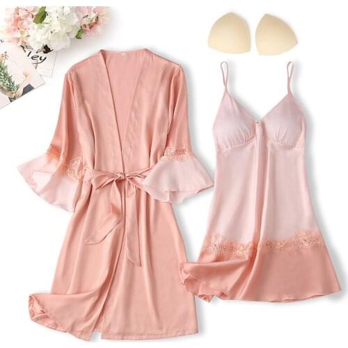 Double Color Patchwork Robe&Nighty Sets 2PCS Sexy Satin Kimono Sleepwear Female Half Sleeve Lace Nightdress Strap Nightie Summer