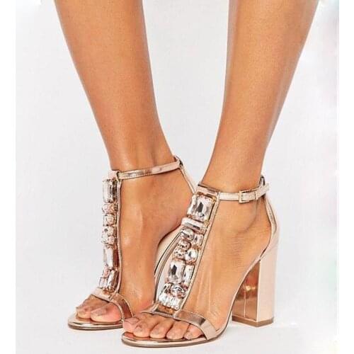 Fashion Women Open Toe T-strappy Rhinestone Chunky Heel Sandals Gold High Heel Sandals Crystal Mirror Shiny Leather Dress Shoes