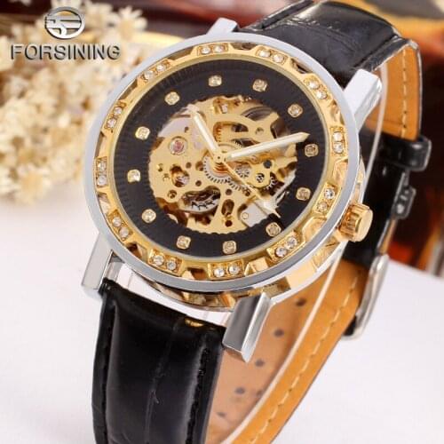 Fashion Forsining Luxury Gold Retro Luminous Hands Diamond Display Mens Mechanical Skeleton Wrist Watches Top Brand Clocks