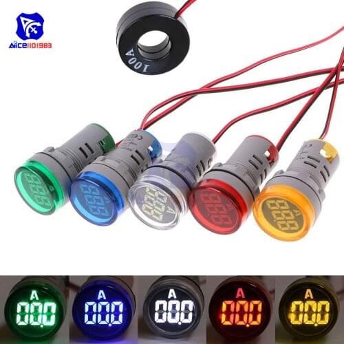 Mini LED Digital Ammeter 5 Color Available 0-100A 22MM Circle Panel Current Meter Tester Pilot Light Indicator Display with Coil