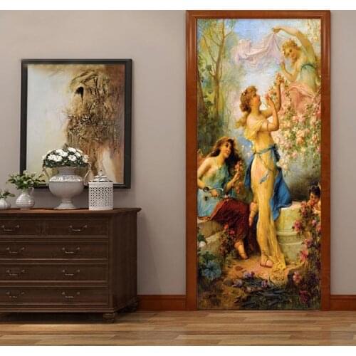 European Style Retro Figure Oil Painting Door Sticker 3D Wallpaper Living Room Bedroom Home Decor PVC Waterproof Mural Stickers
