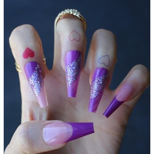 Purple French clear glitter Coffin Extra length Fake nails Ballet faux ongles Pink fashion False nails