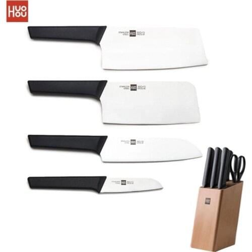 Huohou Stainless Steel Kitchen Knife Set 6pcs with Cutter Holder Chopping Knife Slicing Tool Fruit Knife Kitchen Scissor