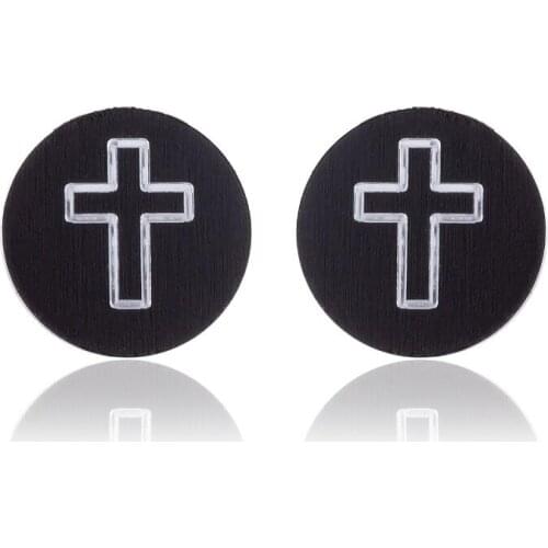 Oly2u Classical Black Cross Stainless Steel Earrings Cute Moon Star Small Stud Earrings for Women Girls Christmas Gift