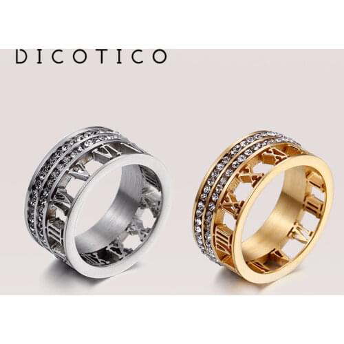 Dicotico Stainless Steel Gold Color Rings For Women Bohemia Anillos Mujer Zircon Roman Numerals Wedding Rings Bague Jewelry