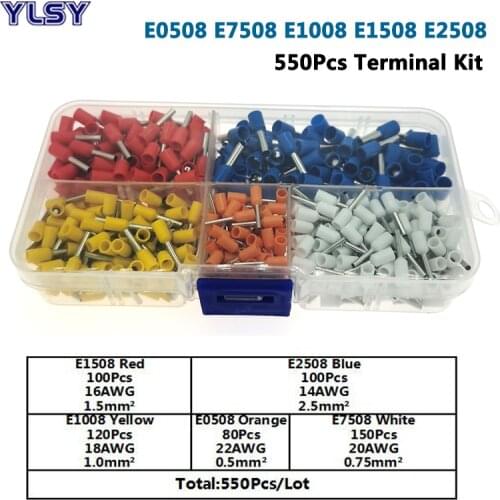 550Pcs E0508~E2508 Tube Insutated Crimp Terminal Kit Cord End Electric Wire Cable Connector Ferrules 0.5-2.5mm2 22-14AWG