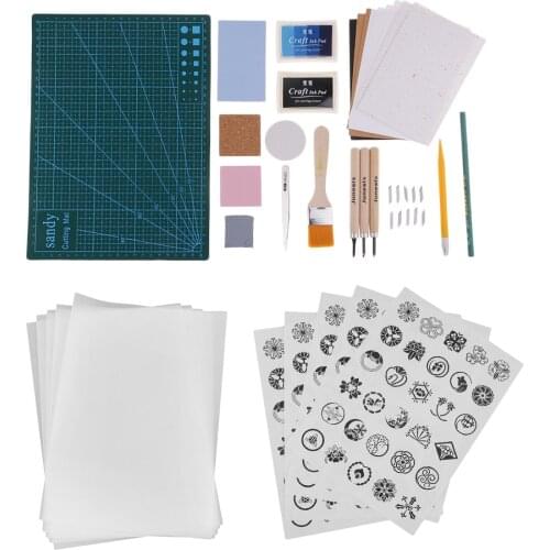 1 Set DIY Rubber Stamp Carving Block with Chisels Tracing Paper Blades Cutting Mat Tools Ink Pad Kit for Scrapbook Card Making