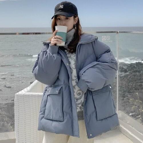Nice Korean Style Oversized Puffer Jacket for Women Solid Casual Loose Blue Cotton Padded Jacket Thick Warm Harajuku Hooded Coat