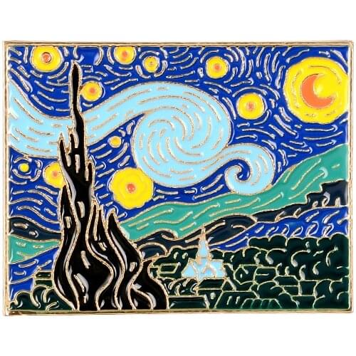 Beautiful Starry Sky Metal Enamel Brooch Night Stars River Oil Painting Badge Pin Personality Trendy Artist Costume Jewelry Gift