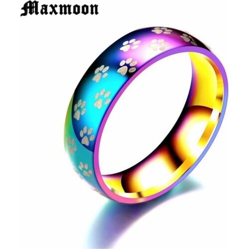 Maxmoon New Fashion Cute Dog Cat Paw Stainless Steel Beautiful Rainbow Anime Pet Finger Rings for Women Men Jewelry Nice Gift