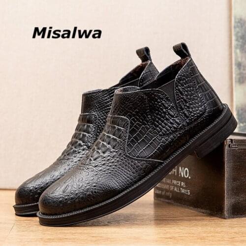 Misalwa Short Boots Chelsea British Men Formal Shoes Crocodile Pattern Winter Spring Flat Men Leather Boots Casual Waterproof