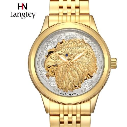 2018 Unique Golden Eagle 3D Carved Dials All Stainless Steel Men Skeleton Automatic Mechanical Wristwatch Waterproof Sport Clock