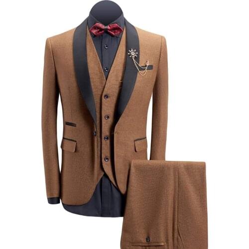 Yellow Mens Wool Suits 3 pieces Shawl Lapel Tweed Tuxedos Leisure Winter Coat Groomsmen Wedding Suits (Blazer+vest+Pants)
