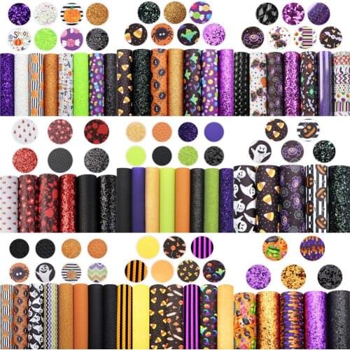 Halloween Theme Faux Leather Set Spider Skull Bone Blood Printed Synthetic Leather Fabric Sheets for DIY Earrings Hair Bows