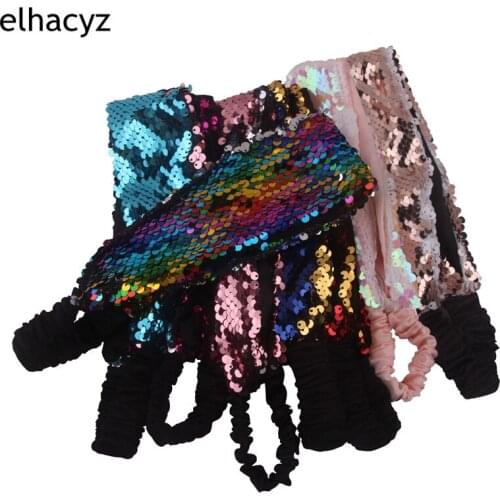 8pcs/lot New Reversible Sequin Girls Headband Mermaid Elastic Fabric Hairband Wide Headwear For Women Hair Accessories