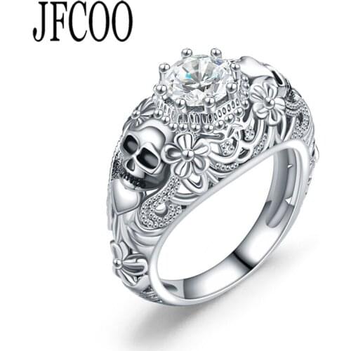 Skull Silver Plated Luxury Gifts Punk Crystal CZ Gothic Flower Women Rings Wedding Ring Jewelry