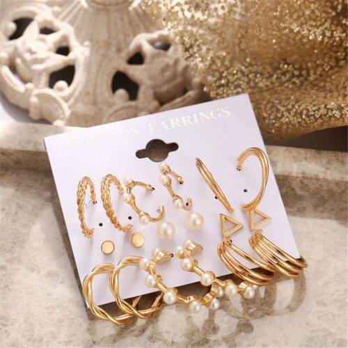 2021 New Trend C-Shape Retro Pearl Ring Earring Irregular Nine Piece Set Womens Fashion Jewelry Party Gift