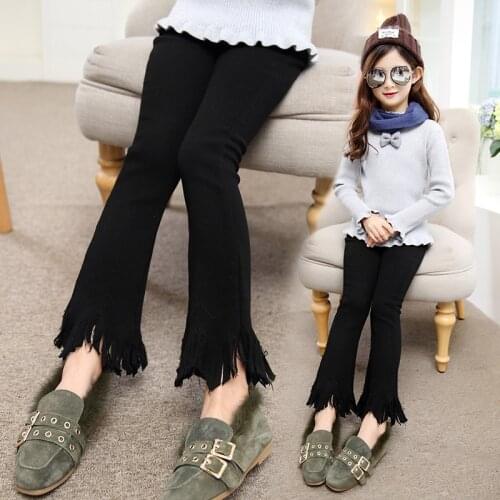 Girls Pants For Winter Black Flare Trousers Girls Boot Cut Thick Warm Skinny Pants Kids Winter Pants Tassels Girl Pants