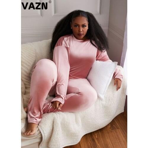 VAZN 2021 Hot Suede Set High-end Plus Size Sweet Nature Daily Young Full Sleeve Top Long Pants Slim Women 2 Piece Set