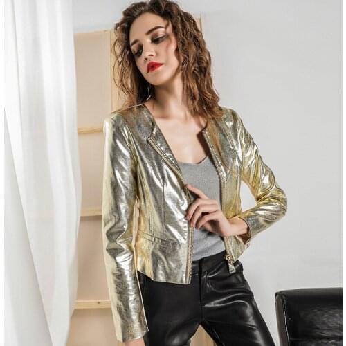 Brand European Fashioon Gold Pu Leather Jackets Women Zipper Motorcycle leather jackets Female Short Soft Coat Outwear