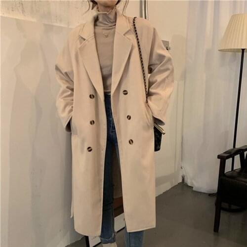 Women Autumn Winter Trench Coat Jacket Loose Thicken Warm Double Breasted Lapel Overcoat Female New Long Sleeve Solid Outwear