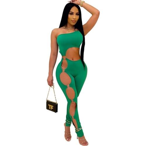 Casaul Women Jumpsuit Hollow Out Solid Color One Shoulder Playsuit Long Romper Women Jumpsuit