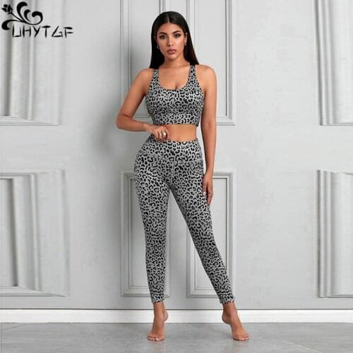 UHYTGF Women Tracksuit Suits Shoulder Strap Vest Leopard Top And Long Pants Two Pieces Sets Female Spring and Autumn Clothes 972